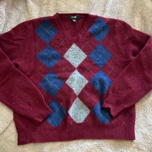 J.Crew burgundy Argyle v-neck wool sweater large